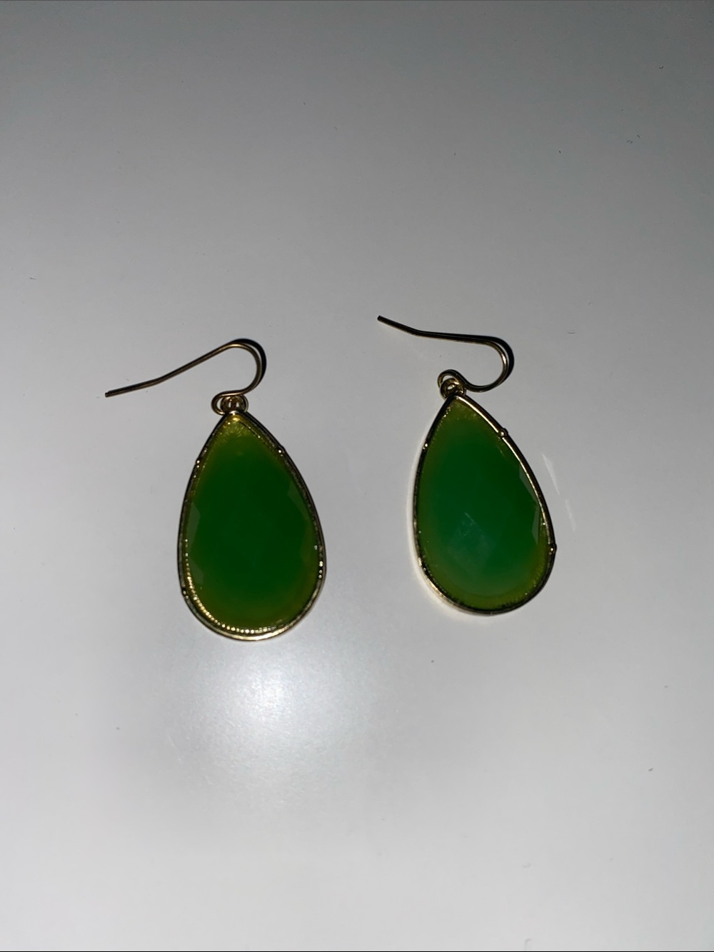 Green Teardrop Dangle Earrings - Gold Trim
